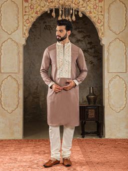 House of Deyann - Mens Purple Cotton Plain Embroidery Kurta with Churidar (Set of 2)