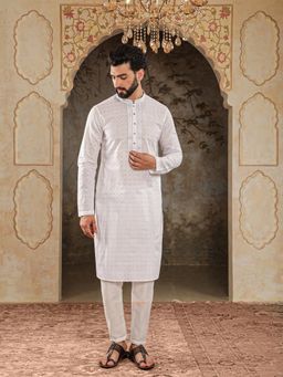 House of Deyann - Mens White Cotton Embroidered Design Kurta with Pyjama (Set of 2)