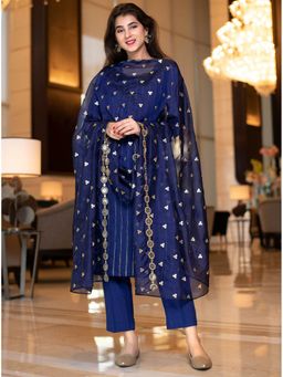 Label Shaurya Sanadhya - Royal Blue Kurta And Pant With Organza Dupatta (Set Of 3)