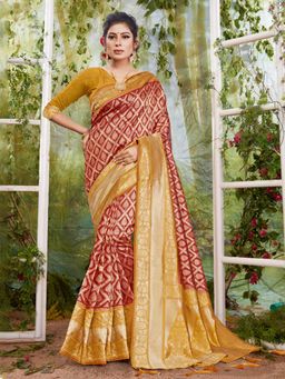 Sangam Prints - Maroon & Golden Silk Stonework Traditional Saree with Unstitched Blouse