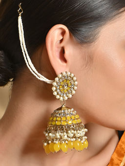 Fida - Wedding Ethnic Gold Plated Yellow Beads Kundan Pearl Jhumka Earring for Women