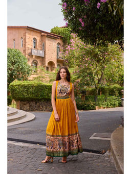 NEERU'S - Women's Mustard Ethnic Print Fit and Flare Maxi Dress