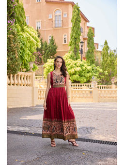 NEERU'S - Women's Maroon Ethnic Print Fit and Flare Maxi Dress