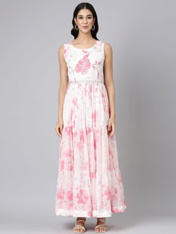 NEERU'S - Cream Casual Floral Maxi Dress with Belt (Set of 2)