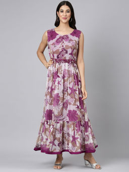 NEERU'S - Purple Casual Floral Maxi Dress with Belt (Set of 2)