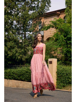 NEERU'S - Pink Women's Floral Print Layered Georgette Maxi Dress