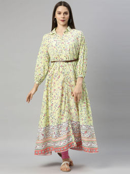 NEERU'S - Women's Green Floral Printed Anarkali Kurta with Belt (Set of 2)