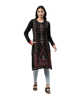NEERU'S - Women's Black Printed Thread Work Knitted Kurta
