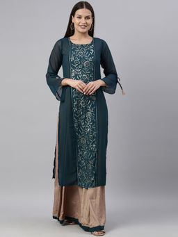 NEERU'S - Blue Embroidered Thread Work Georgette Gown with Kurta (Set of 2)