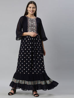 NEERU'S - Navy Blue Floral Embroidered Thread Work Anarkali Kurta