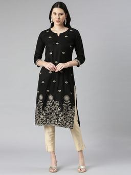 NEERU'S - Black Floral Embroidered Sequinned Straight Kurta