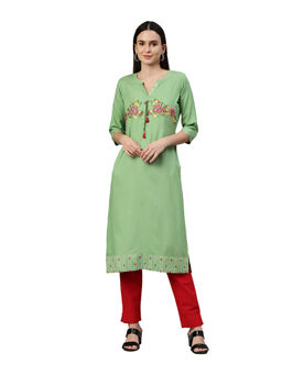 NEERU'S - Women's Green Floral Embroidered Thread Work Straight Kurta