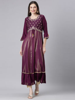NEERU'S - Wine Floral Embroidered Maxi Dress