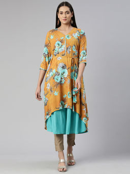 NEERU'S - Floral Printed Layered Ethnic Midi Dress with Belt (Set of 2)