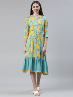 NEERU'S - Tropical Printed Tie-Ups A-Line Dress with Belt (Set of 2)