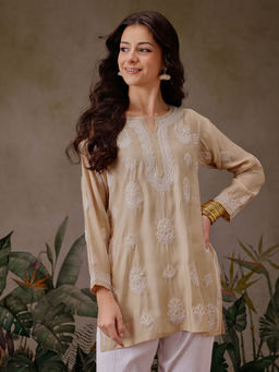 ADA - Hand Embroidered Lucknowi Chikankari Tan Kurti