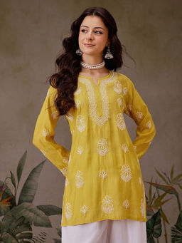 ADA - Hand Embroidered Lucknowi Chikankari Mustard Kurti