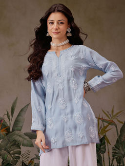 ADA - Hand Embroidered Lucknowi Chikankari Ink Blue Kurti