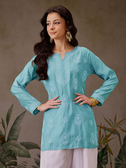 ADA - Hand Embroidered Lucknowi Chikankari Blue Kurti