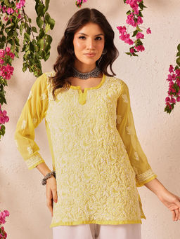 ADA - Hand Embroidered Lucknowi Chikankari Yellow Georgette Kurti