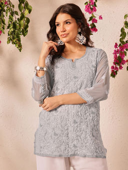 ADA - Hand Embroidered Lucknowi Chikankari Grey Georgette Kurti