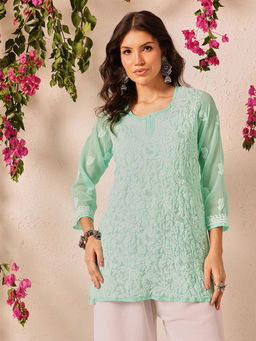 ADA - Hand Embroidered Lucknowi Chikankari Sea Green Georgette Kurti