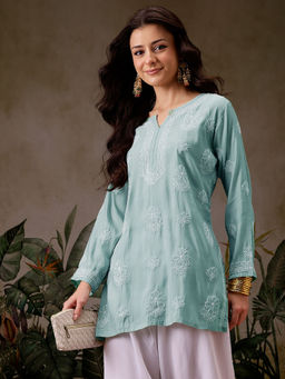 ADA - Hand Embroidered Lucknowi Chikankari Sea Green Kurti