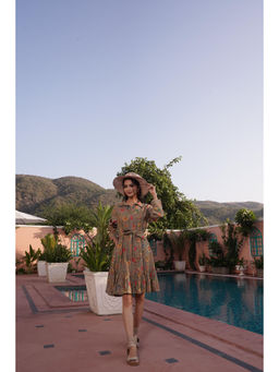 BulBul - Flowery Brwon Cotton Short Dress with Belt (Set of 2)