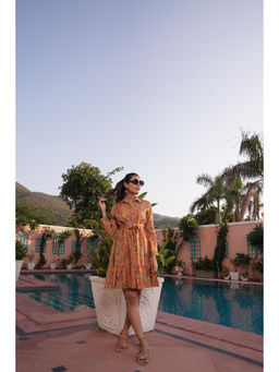 BulBul - Flowery Orange Cotton Short Dress with Belt (Set of 2)