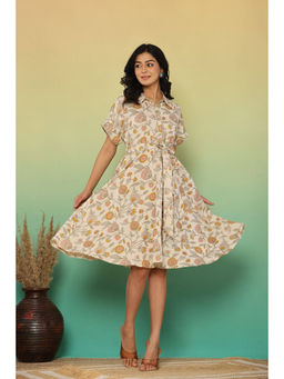 Kasya - Off White Floral Cotton Linen Dress with Belt (Set of 2)