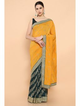Soch - Women Mustard Cotton Embroidered Saree with Unstitched Blouse