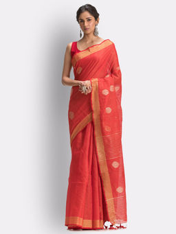 Angoshobha - Fire Red Cotton Blended Handloom Jamdani Saree with Unstitched Blouse