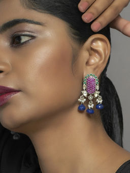 Divas Mantra - Honey Comb Earrings with Pink CZ Stones, Blue Beads and Green Cut Stones