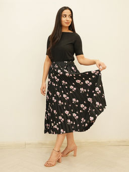 FableStreet - Pleated Flared Floral Midi Skirt - Black