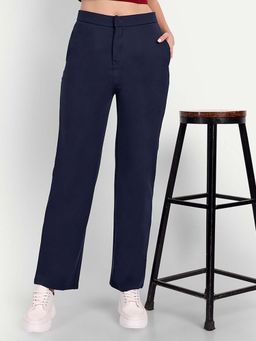 BROADSTAR - Women Navy Blue Solid Cotton High Rise Pant