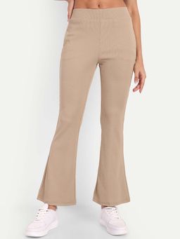 BROADSTAR - Women Dark Beige High Rise Stretchable Flared Corduroy Pant
