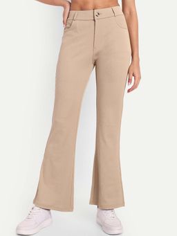 BROADSTAR - Women Dark Beige High Rise Stretchable Bootcut Corduroy Pant