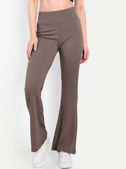 BROADSTAR - Women Brown Striped Smart Flared High Rise Pant