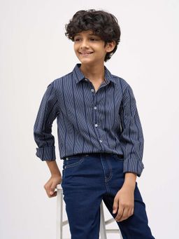 Jack & Jones Junior - Boys Dobby Striped Cotton Navy Blue Shirt