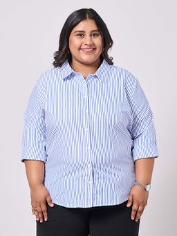 Style Quotient - Women Polycotton Stripes Formal Blue Shirt