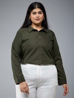 Style Quotient - Women Polycotton Solid Olive Formal Shirt