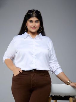 Style Quotient - Women Satin Solid White Formal Shirt