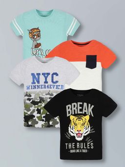 PLUM TREE - Boys Multi-Color Pure Cotton Graphic Printed Round Neck T-Shirts (Pack of 4)