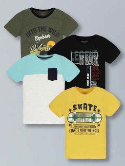 PLUM TREE - Multi-Color Cotton Graphic Printed Round Neck T-Shirts (Pack of 4)