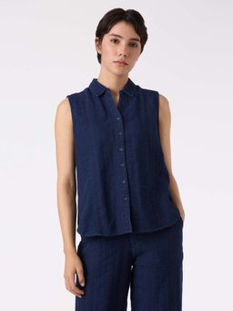 Pepe Jeans - Women Textured Sleeveless Navy Blue Shirt