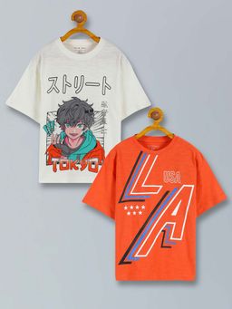 PLUM TREE - Boys Pure Cotton Graphic Printed Round Neck Regular T-Shirts (Pack of 2)