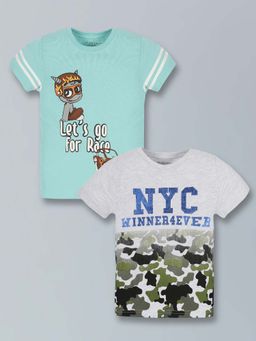 PLUM TREE - Boys Multi-Color Pure Cotton Printed Round Neck T-Shirts (Pack of 2)