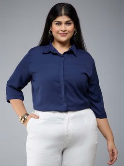Style Quotient - Women Polyester Solid Navy Blue Formal Shirt
