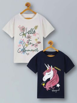 PLUM TREE - Girls Pure Cotton Graphic Printed Round Neck Oversize T-Shirts (Pack of 2)