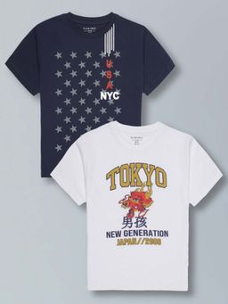 PLUM TREE - Boys Multi Pure Cotton Printed Round Neck T-Shirts (Pack of 2)